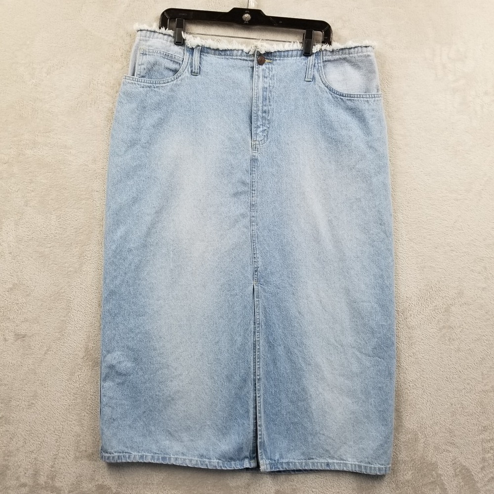 Vintage Skirt Women 16P Blue Denim Raw Edge Straight Pockets Front Slit Midi